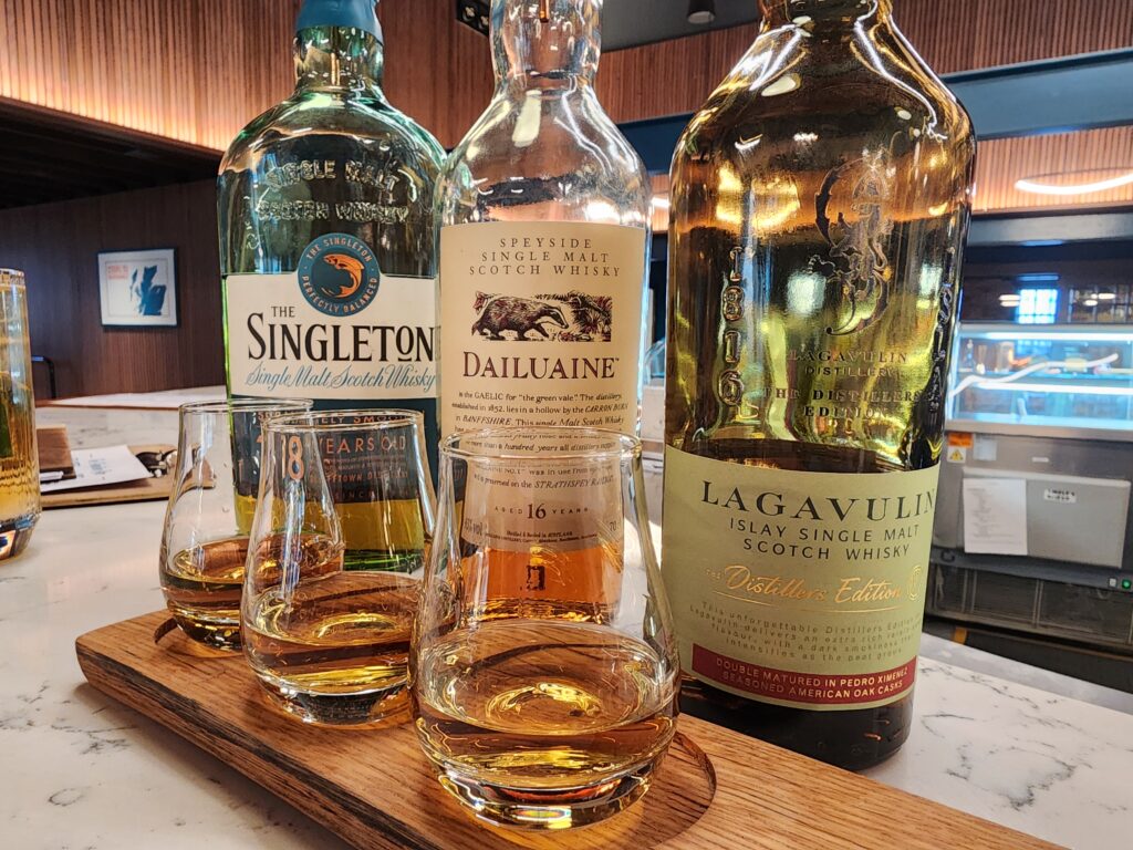 A lineup of Scotch Whiskies at the Glen Ord Tasting Room