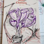 An ink sketch on a notepad from Hotel Chelsea
