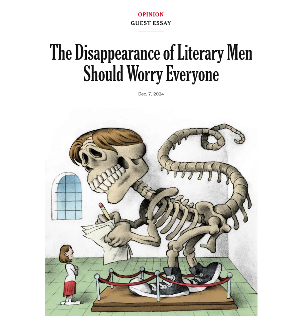 screenshot of the online oped colum "the disappearance of literary men should worry everyone." The image features a cartoon of dinosaur bones in a museum made up to look like a man who is writing.